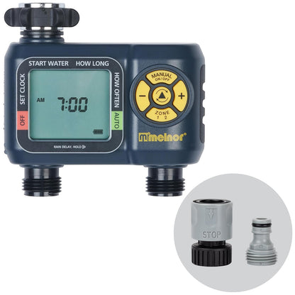 Melnor 65139AMZ AquaTimer - Temporizador de Manguera Digital, Temporizador de riego programable de 2 Zonas, Paquete de conexión rápida, Negro, Amarillo