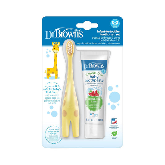 Dr. Brown's - Juego de cepillos de dientes de entrenamiento para bebés con pasta dental para bebés sin flúor, fresa, jirafa, 1.4 onzas, 0-3 años