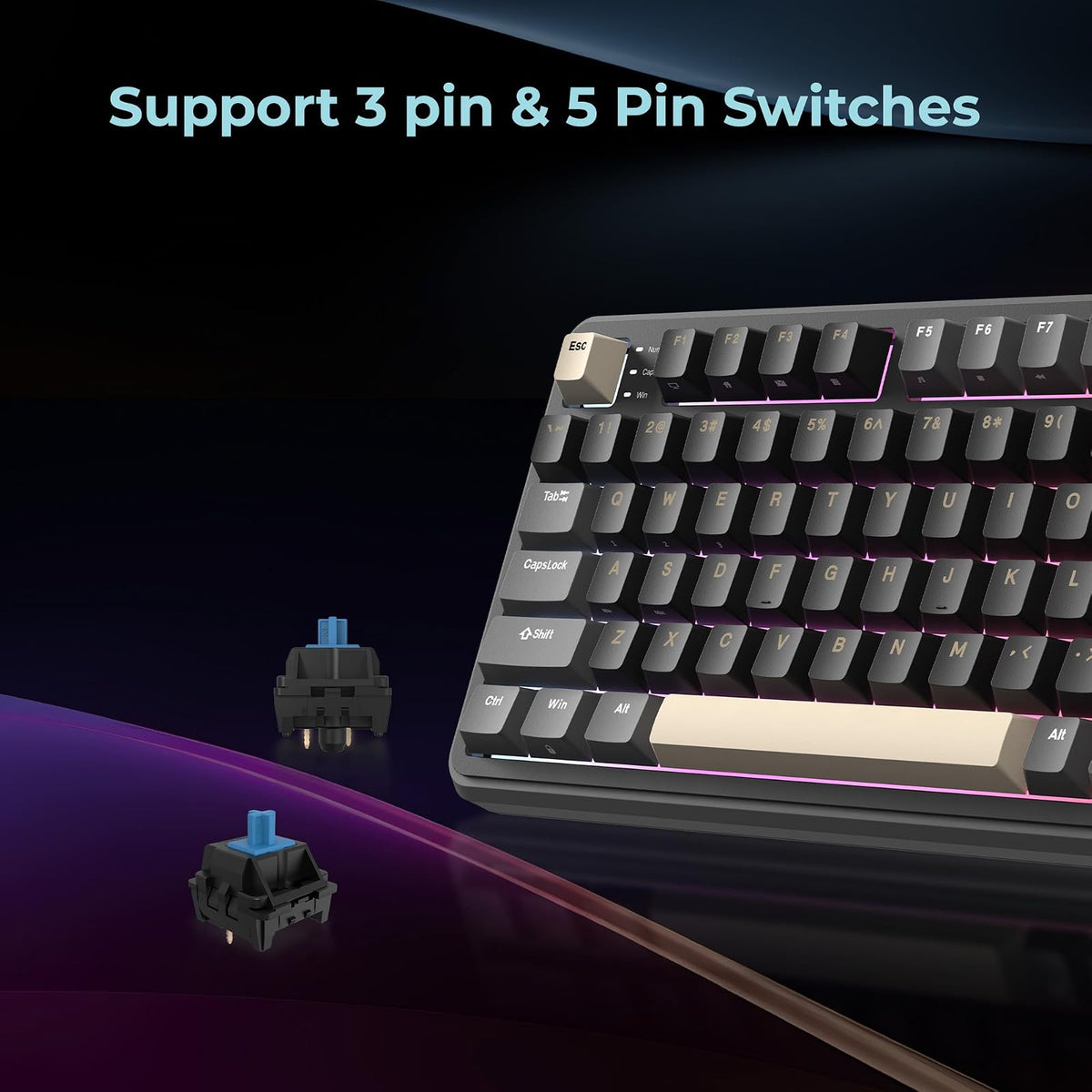 Rosewill Neon S96 Teclado mecánico inalámbrico para Juegos, diseño de 98 Teclas con Perilla de Volumen, Bluetooth / 2.4 GHz/USB-C, interruptores Azules Intercambiables en Caliente, retroiluminación
