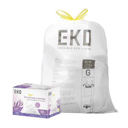 EKO - Bolsas de basura de 21 galones, 50-90 litros, 60 unidades con cordón, bolsas de basura extra fuertes, aroma a lavanda con control continuo de olor, rollo de fácil dispensación para cocina y uso