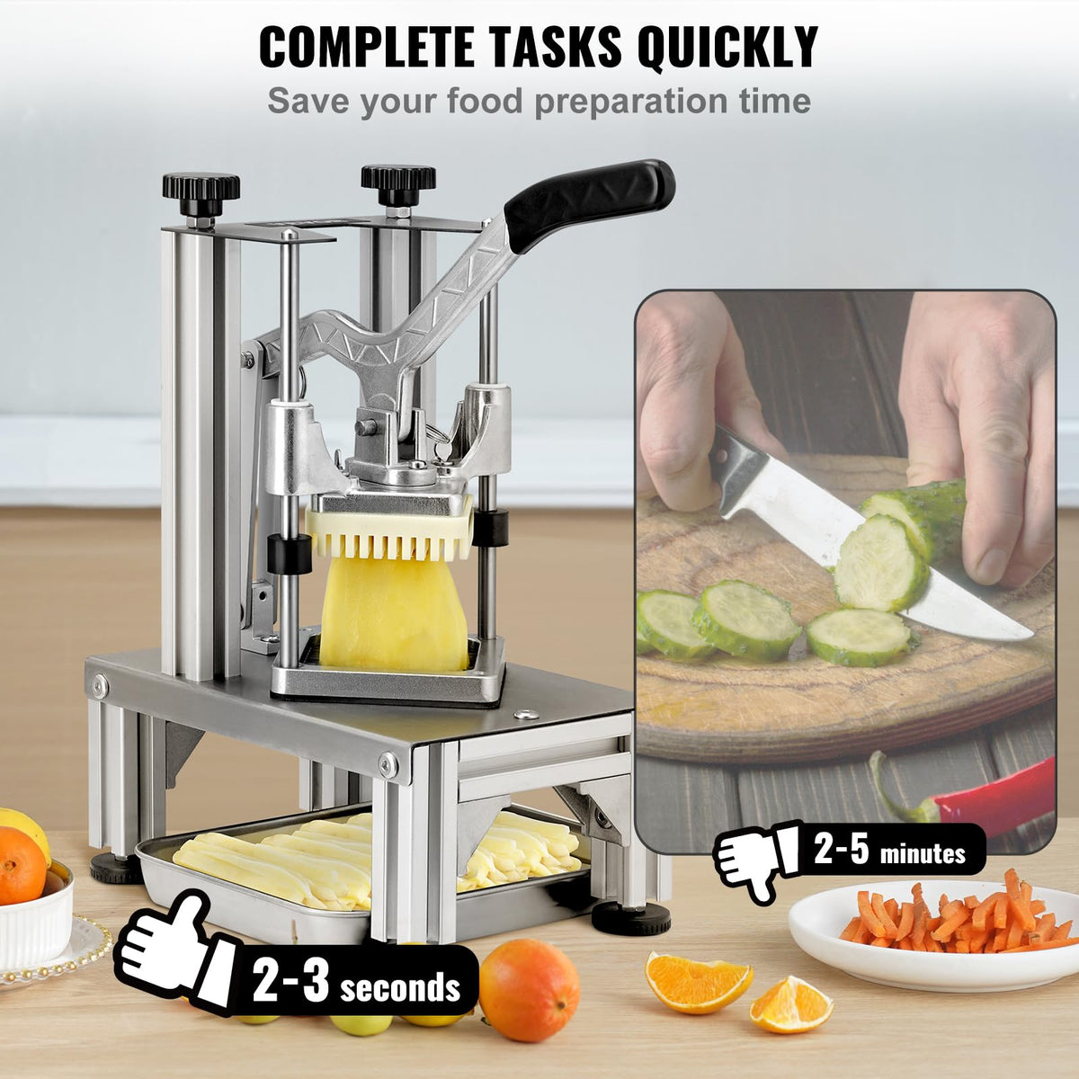 VEVOR - Cortador comercial para patatas fritas con 4 cuchillas de repuesto, picador fácil de cortar en cubos con cuchillas de 1/4 y 3/8 pulgadas, cortador de 6 cuñas y descorazonador de manzana de 6 cuñas, cortador de patatas con limón para patatas fritas