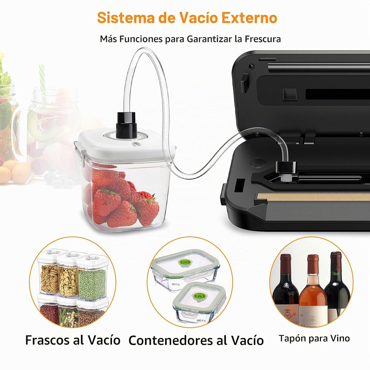 MEGAWISE Selladora al vacío con cortador, modos Dry y Moist, 10 bolsas | 80 kPa, VAC SEAL automático, VAC PULSE/STOP manual, ajustes Thin, Medium y Thick, manguera para recipientes compatible