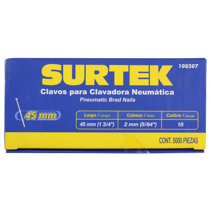 Surtek 108507 Clavos para clavadora neumática, 5000 piezas calibre 18, largo 1-3/4"