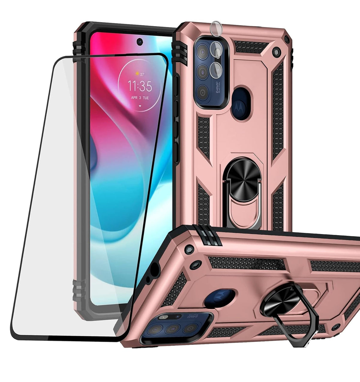 BestAlice.MX Funda para Motorola Moto G60S Case + Protector de Pantalla de Cristal Templado + Lens Mica, Híbrida Rugged Protección Dual Layer Bumper Carcasa con Pie De Apoyo, Oro Rosa