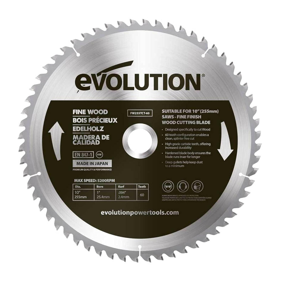 Evolution Power Tools FW255TCT-60 Hoja de madera fina, 255 mm - Negro, Plateado - 255 mm - Madera fina