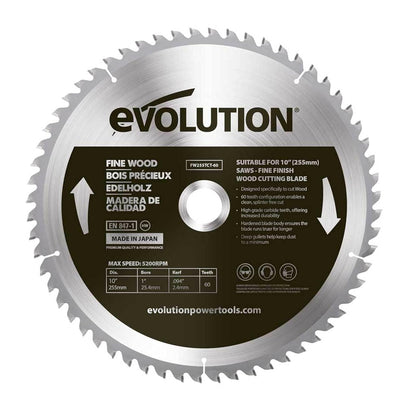 Evolution Power Tools FW255TCT-60 Hoja de madera fina, 255 mm - Negro, Plateado - 255 mm - Madera fina