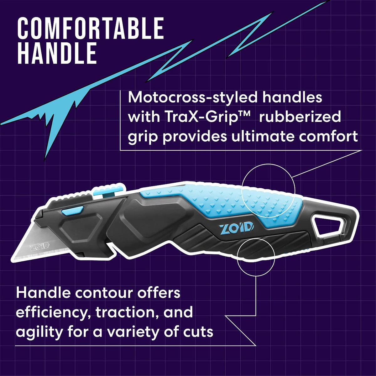 Zoid Cuchillo de Utilidad Ajustable 3 en 1 | Contorneado, agarre TraX-Grip, hoja extensible, mosquetón, 5 cuchillas incluidas