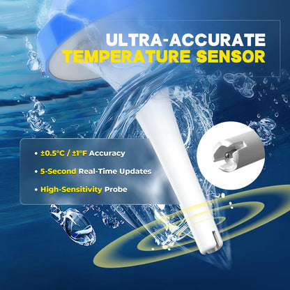 - Termómetro de piscina solar digital flotante, visualización grande de alta precisión sin empañamiento con visualización de doble cara para piscina, acuario, spa, aguas termales, estanques