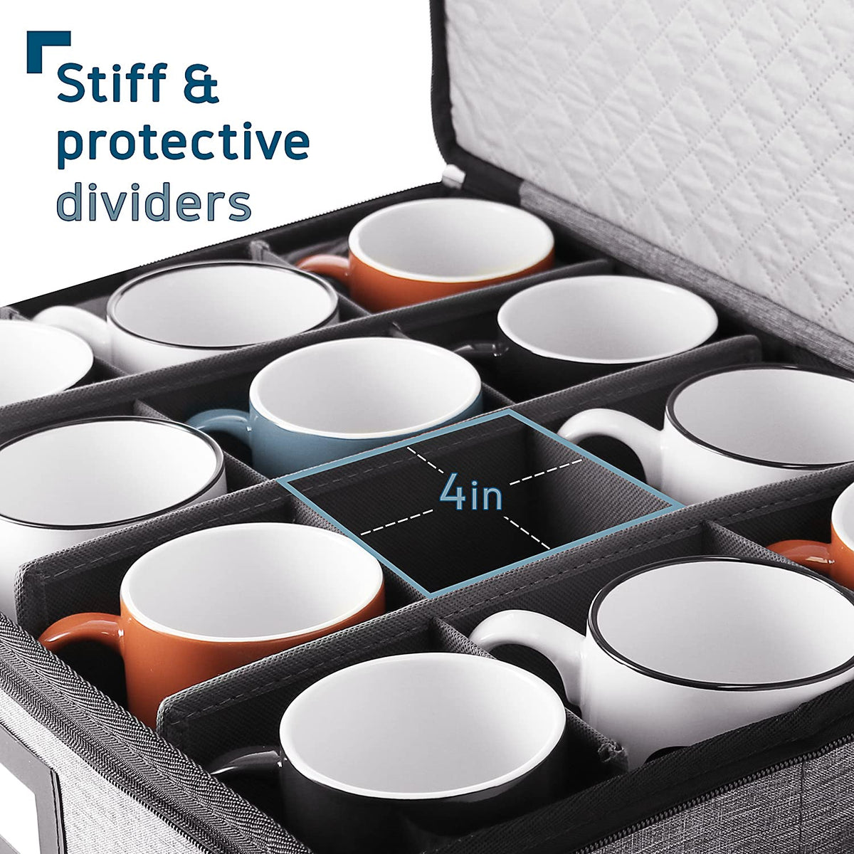 Organizador acolchado y apilable para tazas de café para servicio de 12, caja con separadores, contenedores de carcasa rígida para tazas de porcelana para almacenamiento para mudanza o estacional