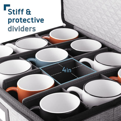Organizador acolchado y apilable para tazas de café para servicio de 12, caja con separadores, contenedores de carcasa rígida para tazas de porcelana para almacenamiento para mudanza o estacional