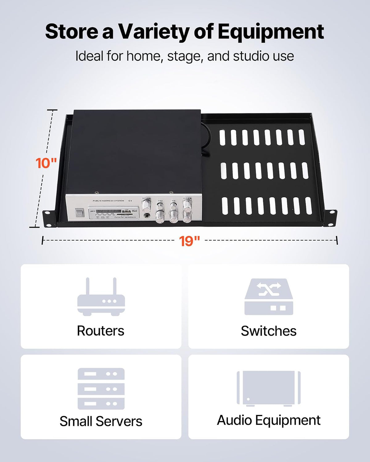 VEVOR Estante para Rack de Servidor de 1U, 4 Unidades, Capacidad de Carga Máxima de 22,68 kg, Ventilación en Voladizo, 25,4 cm de Profundidad, para Equipos de Red Informática con Gabinete de 48,26 cm