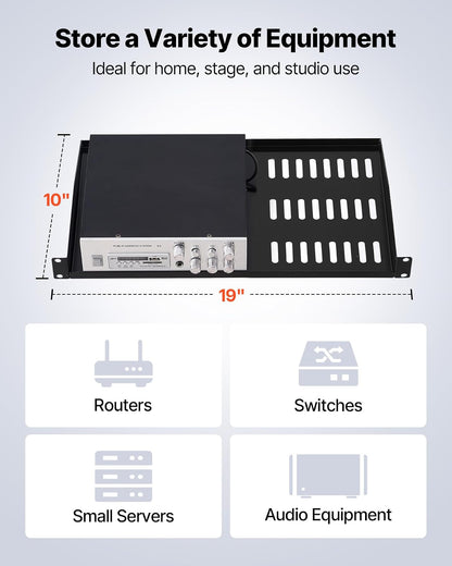 VEVOR Estante para Rack de Servidor de 1U, 4 Unidades, Capacidad de Carga Máxima de 22,68 kg, Ventilación en Voladizo, 25,4 cm de Profundidad, para Equipos de Red Informática con Gabinete de 48,26 cm