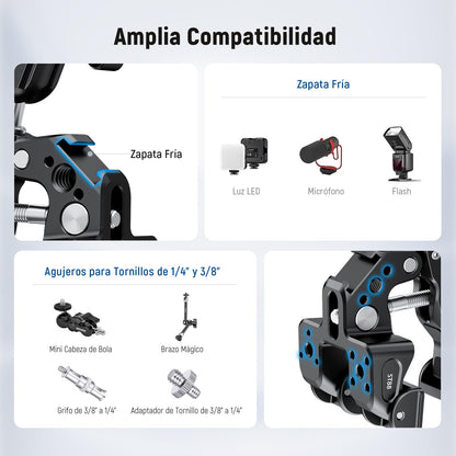 NEEWER Super Clamp con 3" Brazo Mágico Doble Cabeza Esférica, Phone Clamp Cámara con Roscas 1/4" 3/8", Soporte Teléfono, Adaptador Cámara Acción Compatible con GoPro dji iPhone 16 15 Pro MAX, ST88