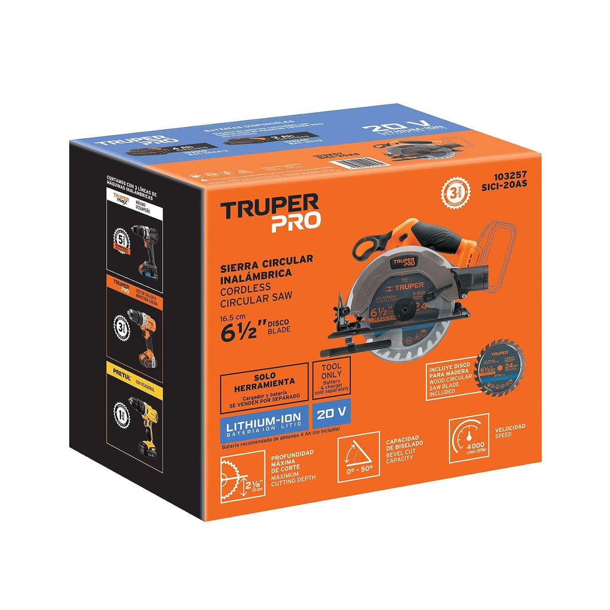 Truper Pro SICI-20AS, Sierra circular 6-1/2", 20V, solo herramienta, sin accesorios