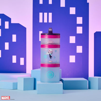 Whiskware Spider-Man Team Spidey - Recipientes apilables para bebés, niños y niños pequeños, 3 tazas apilables para aperitivos para la escuela o viajes, apto para portavasos, Gwen Stacy