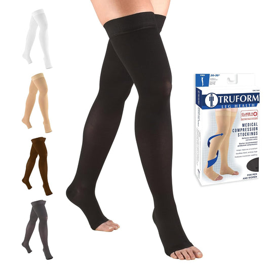 Truform 20-30 mmHg Compression Stockings For Men and Women, Thigh High Length, Dot-Top, Open Toe Black, Pack of 1