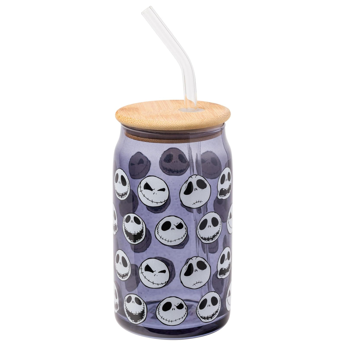 Silver Buffalo Disney Tim Burton Nightmare Before Christmas Jack Skellington Expressions - Vaso de vidrio gris con tapa de bambú y popote de vidrio, 16 onzas