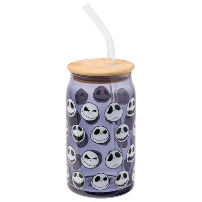 Silver Buffalo Disney Tim Burton Nightmare Before Christmas Jack Skellington Expressions - Vaso de vidrio gris con tapa de bambú y popote de vidrio, 16 onzas