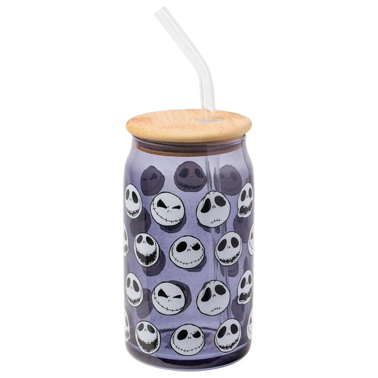 Silver Buffalo Disney Tim Burton Nightmare Before Christmas Jack Skellington Expressions - Vaso de vidrio gris con tapa de bambú y popote de vidrio, 16 onzas