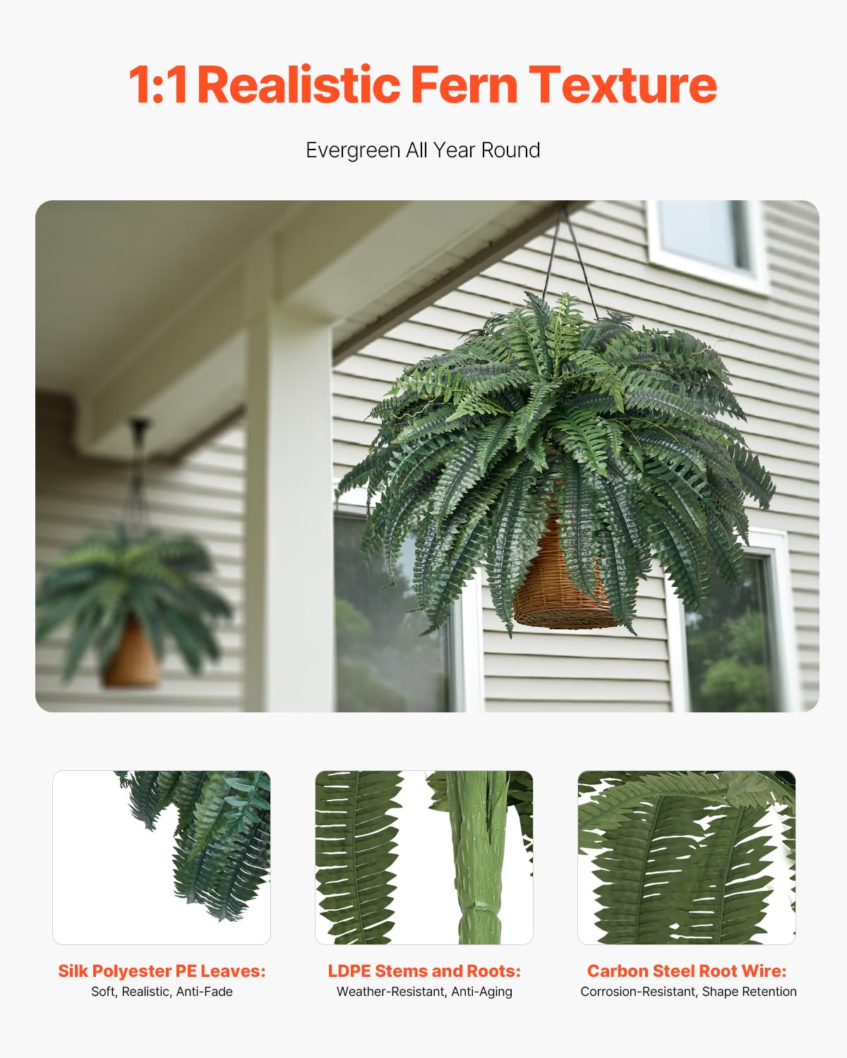 VEVOR Helechos Artificiales de Plástico, Diámetro Natural de 100-119 cm, Decoración de Pared con 88 Ramas, para Casa, Oficina y Exterior, Maceta no Incluida, 720 x 250 x 250 mm, Verde, 1 Pieza