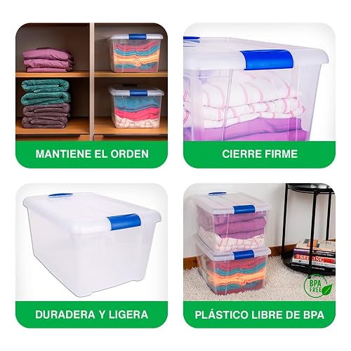 JOY - Caja de Almacenamiento Apilable, Pack de 2, para Organizador Armario, Juguetes, Ropa, con Broche y Tapa Duradera, 24 Litros de Capacidad, Plástico Libre de BPA, Transparente