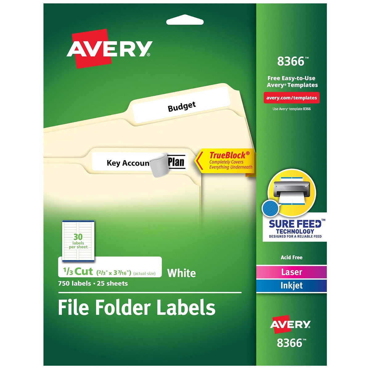 AVERY Avery 8366 Etiquetas de archivo permanentes, corte 1/3, 750/Pk, blanco