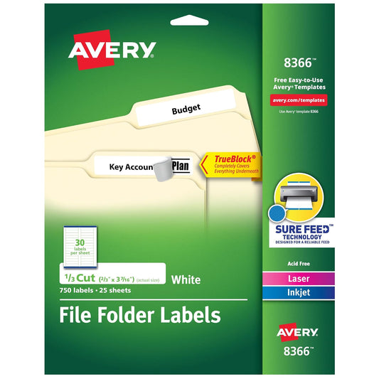 AVERY Avery 8366 Etiquetas de archivo permanentes, corte 1/3, 750/Pk, blanco