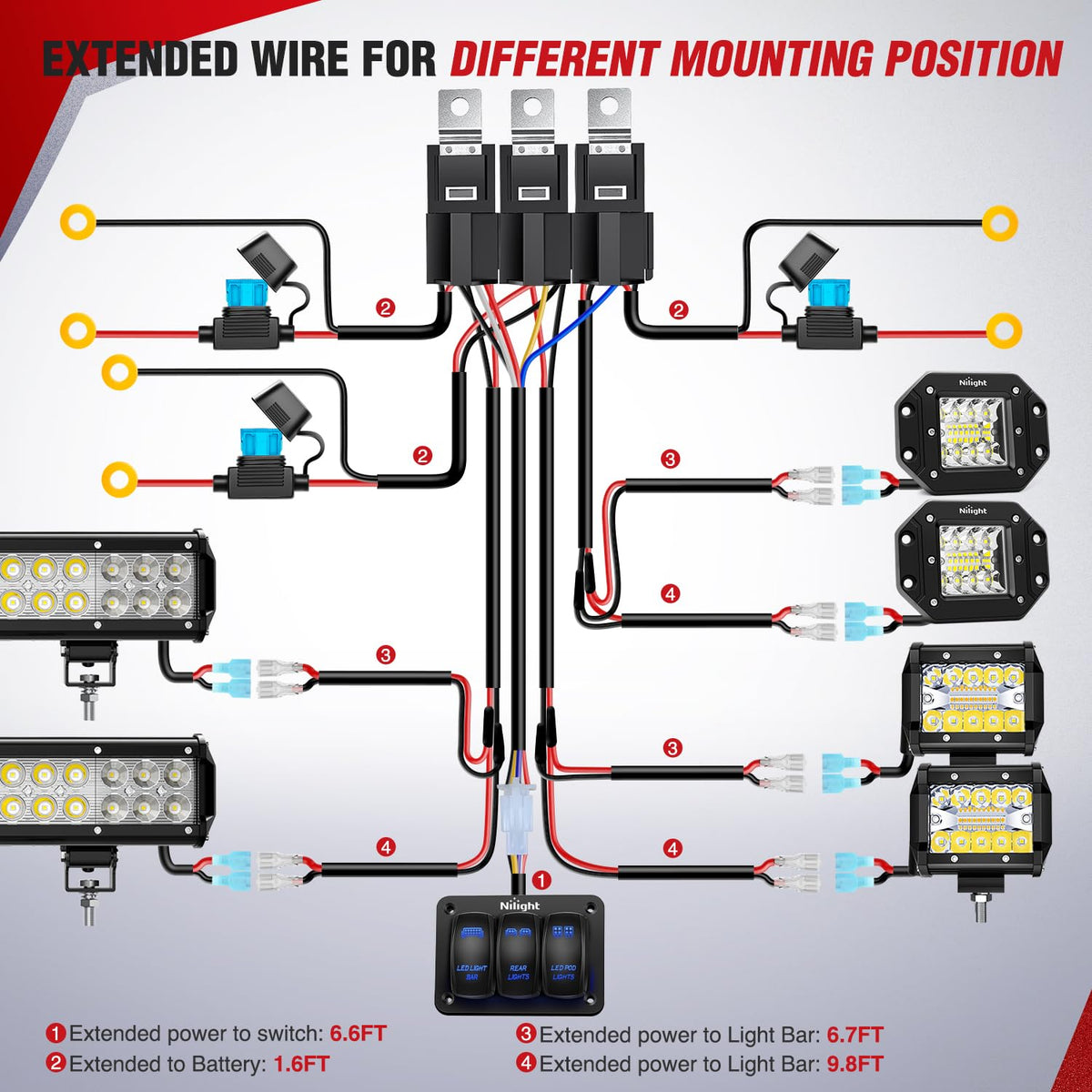 Nilight - Kit de arnés de cableado de barra de luz LED de 16 AWG, 12 V de encendido/apagado, 2 bandas grabadas con láser, panel de interruptor , fusible de relé de alimentación, interruptor