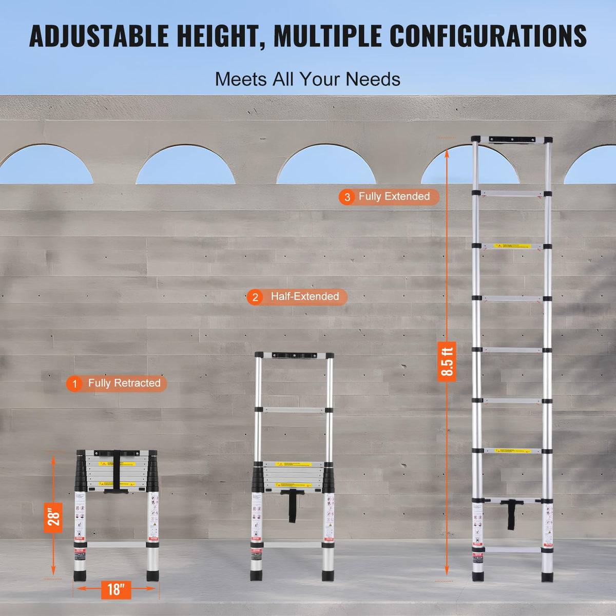 VEVOR Escalera Telescópica, Escalera Extensible Liviana Plegable de Aluminio con Retracción de un Botón, Capacidad de 170 kg con Pies Antideslizantes, para el Hogar, RV, Loft, 457 x 83 x 705 mm