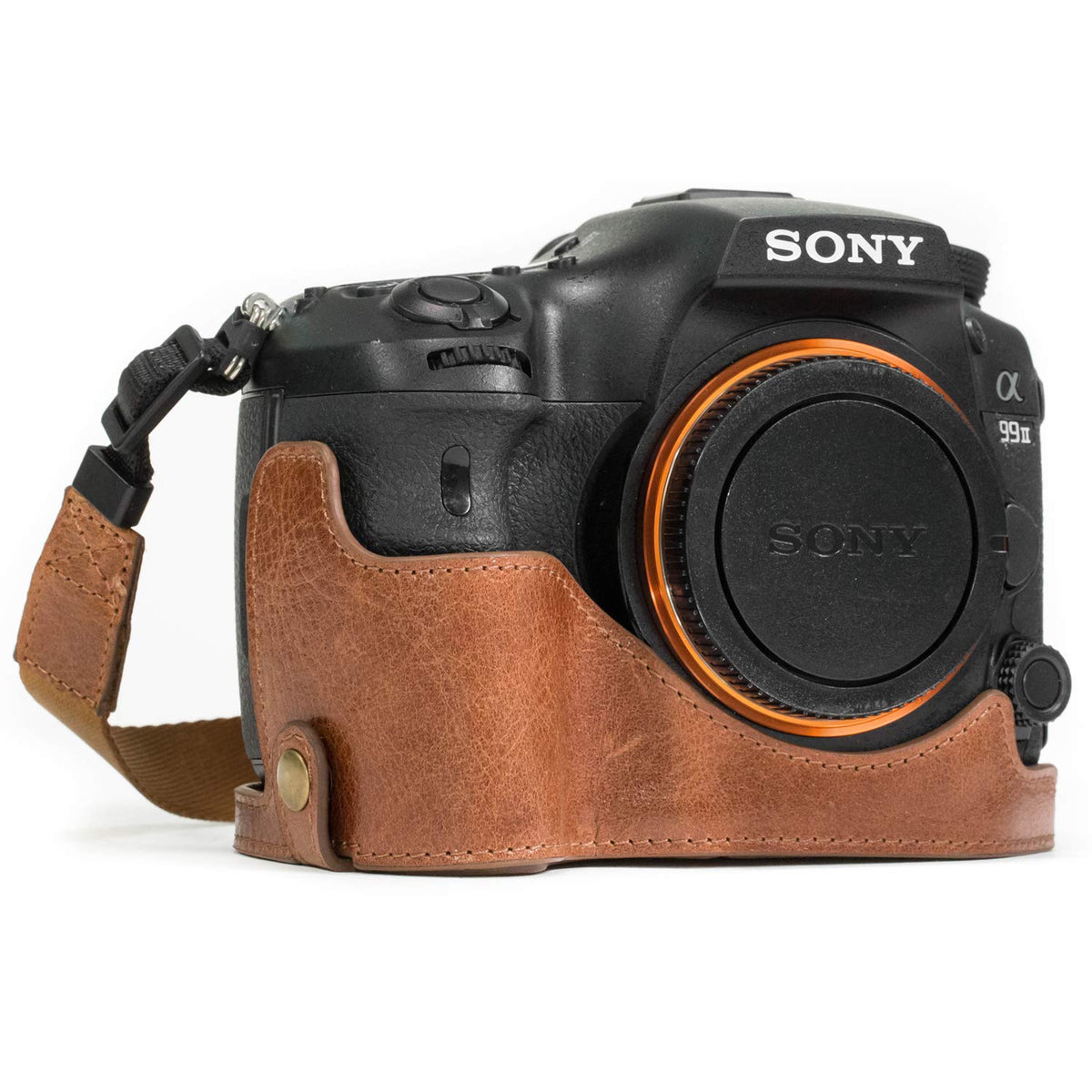 MegaGear MG1084 Estuche Ever Ready, Media Funda, Estuche de Base, Funda de Cuero, de Pronto Uso, con Correa Compatible con Sony Alpha A99 II - Marron Oscuro