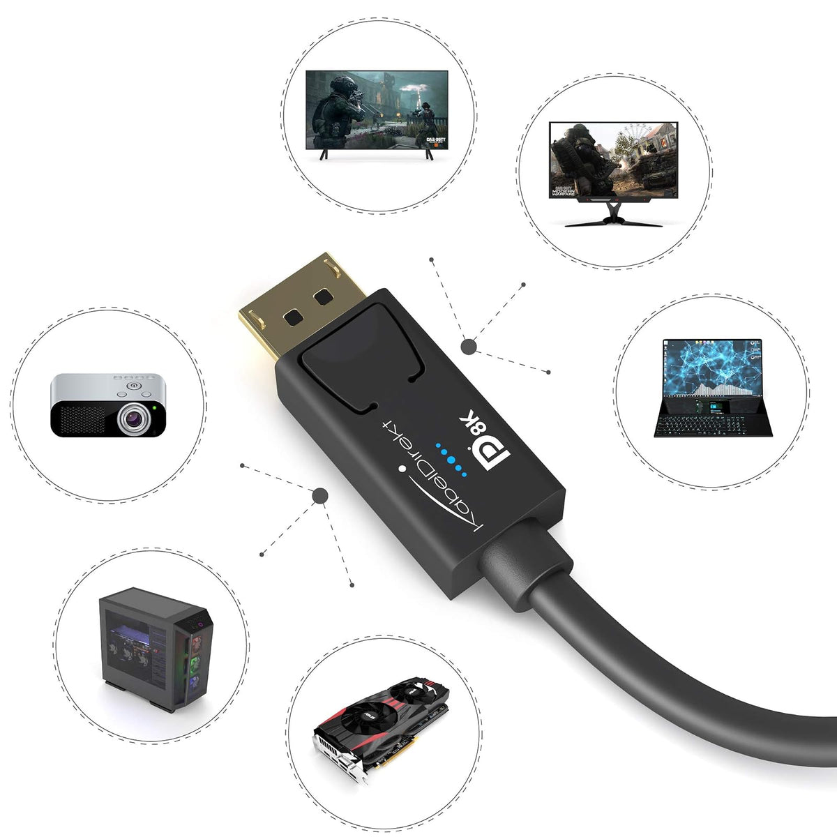 KabelDirekt – Cable DisplayPort 8K – 6ft/2.0m | Para PC de gaming DP 1.4/portátiles/tarjetas gráficas/monitores con 8K@60Hz, 4K@120Hz y 144Hz/165Hz/240Hz