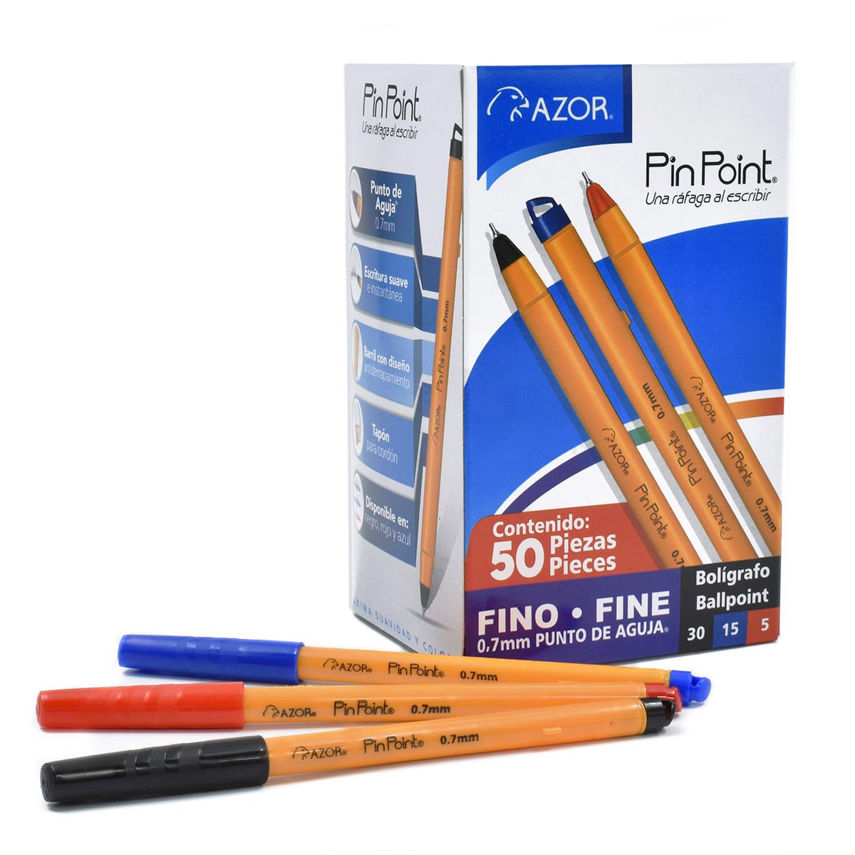 AZOR - Boligrafo De Punto Fino, 50 Piezas, Plumas, Punto Fino, .7 mm, Colores, 30 (Negro) 15 (Azul) 5 (Rojo), PinPoint 301.6825CS.