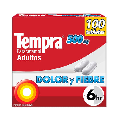 Tempra 500mg paracetamol, para dolor y fiebre, caja con 100 tabletas