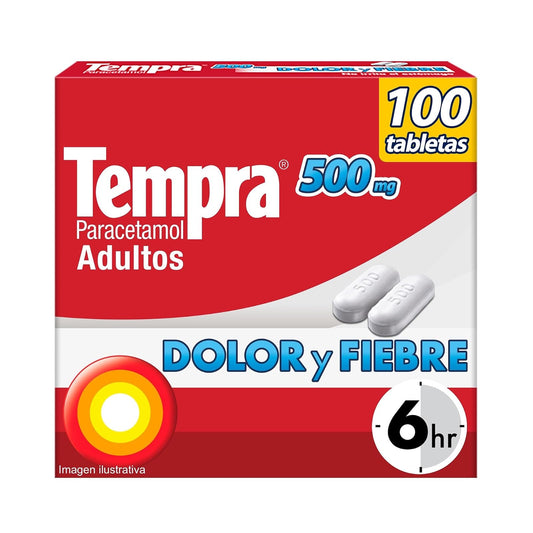 Tempra 500mg paracetamol, para dolor y fiebre, caja con 100 tabletas