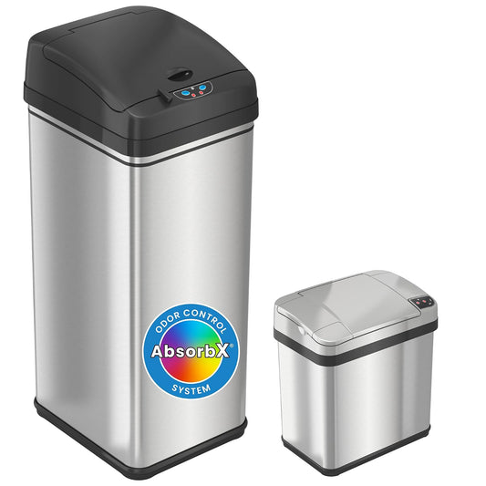 iTouchless - Cubo de reciclaje con sensor de 49.2 l y 9.5 l para cocina y baño, sistema de control de olores, 13, acero inoxidable (juego de 2), 2 unidades
