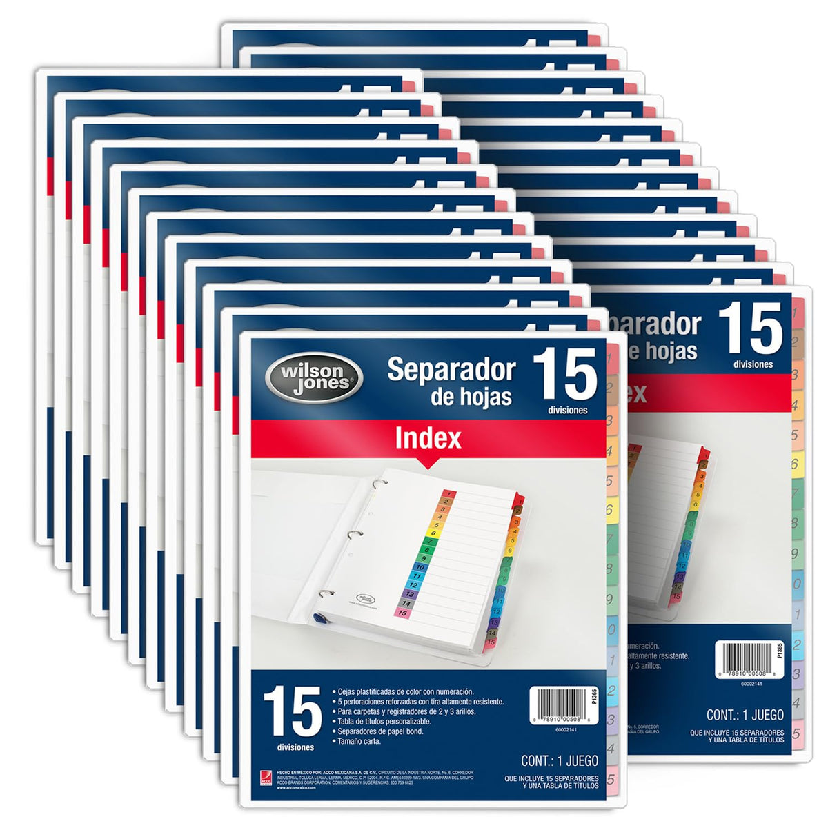 Wilson Jones Separadores con Cejas de Color y Numeración, 8 Divisiones, Tamaño Carta, 5 Perforaciones Reforzadas, Paquete con 24 Juegos. P1365