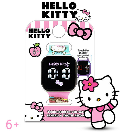 Accutime Hello Kitty - Reloj LED para niños, caja de plástico plateado, ilustraciones coloridas impresas, visualización LED blanca, correa de silicona suave, fácil de leer, ideal para niñas, mercancía