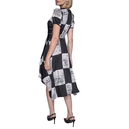 Karl Lagerfeld Short Sleeve Hanky Hem Tie Waist Printed Twill Midi Dress Vestido Informal Mujer