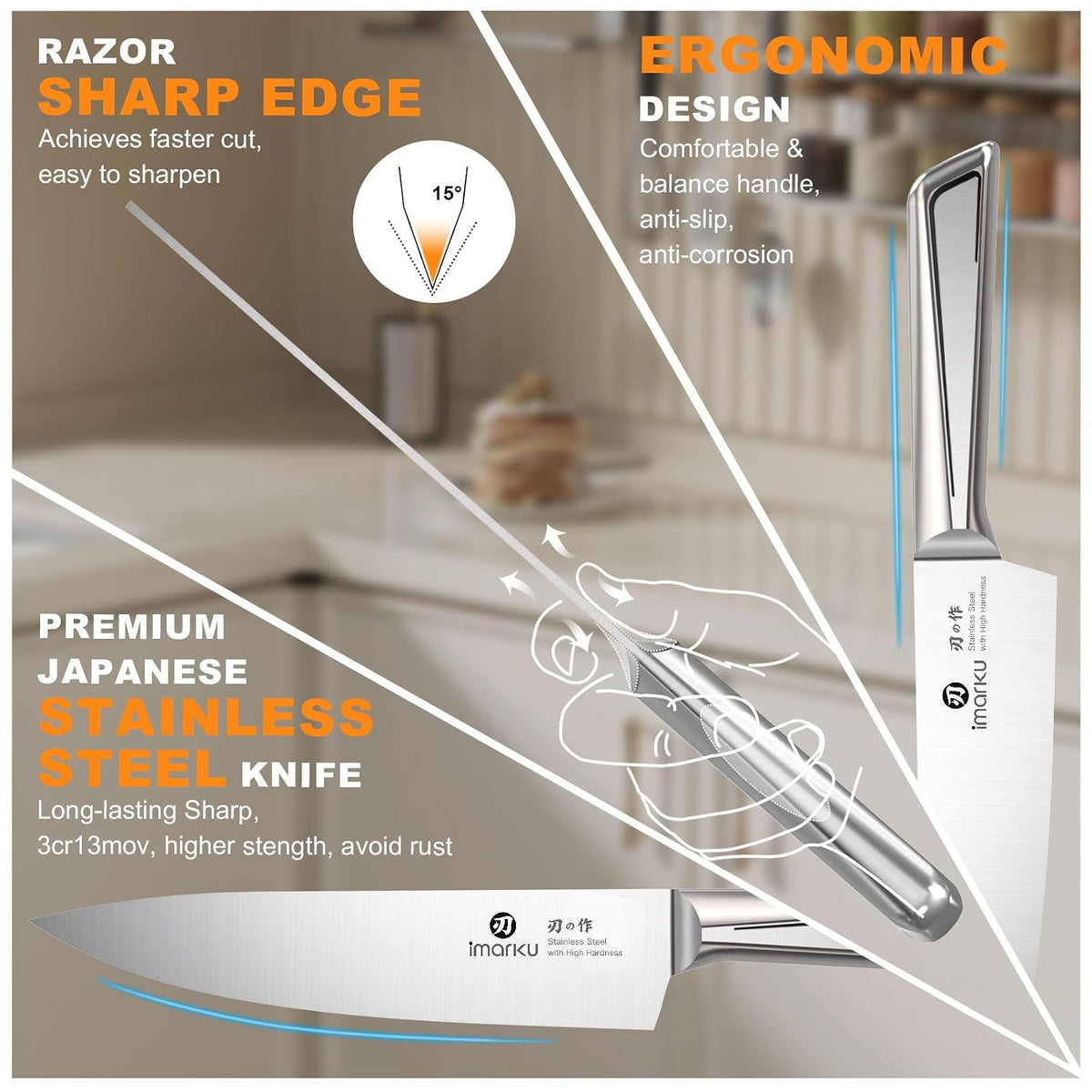 imarku Juego de cuchillos para cocina con bloque Juego de cuchillos japoneses de acero inoxidable para cocina con bloque 14 piezas, afilador incorporado, juego de cuchillos afilados con mangos ergonóm