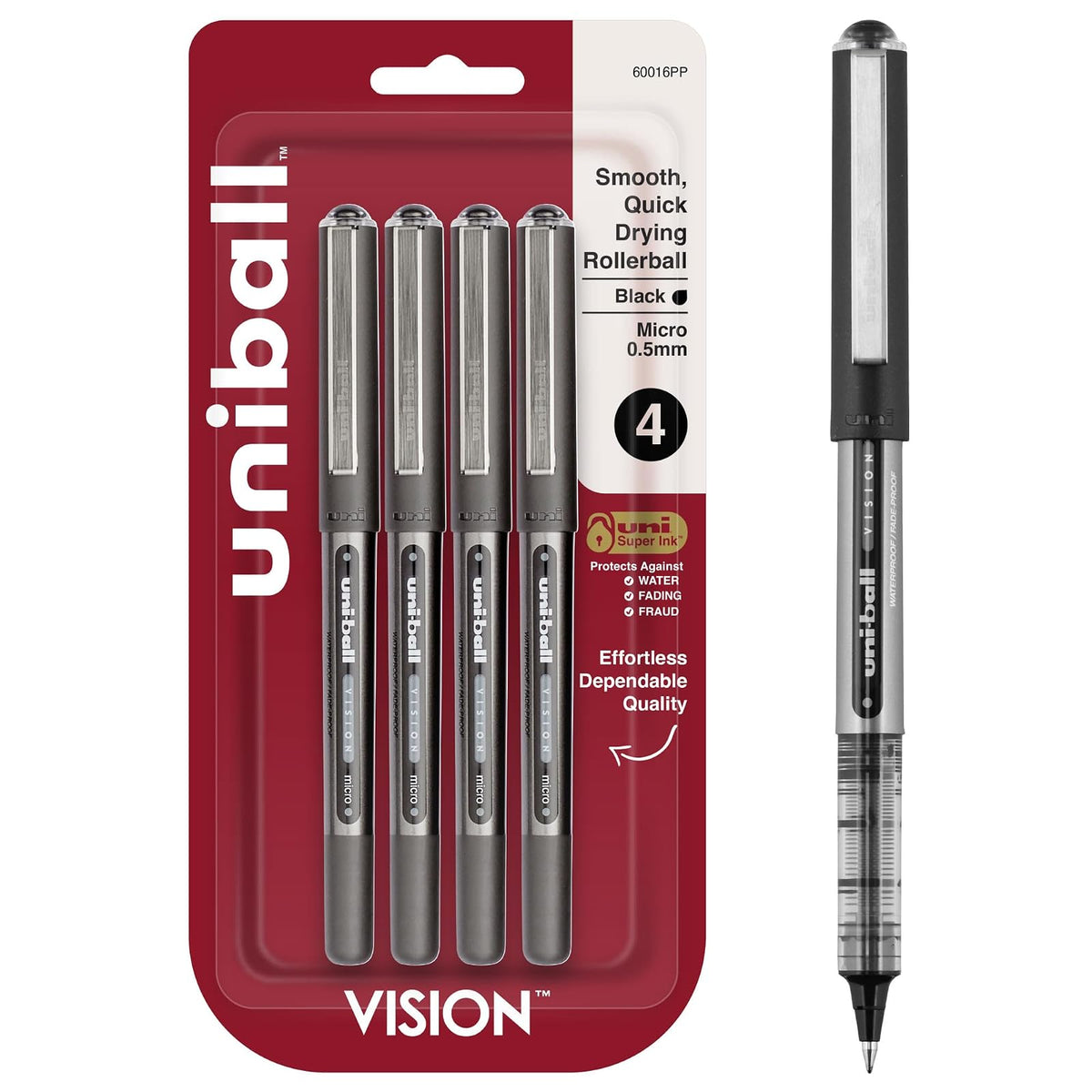 uni-ball Vision Stick Bolígrafos de Roller, Tinta Negra, Paquete de 4 - 4 Unidad (Paquete de 1) - Micro Point - Negro -