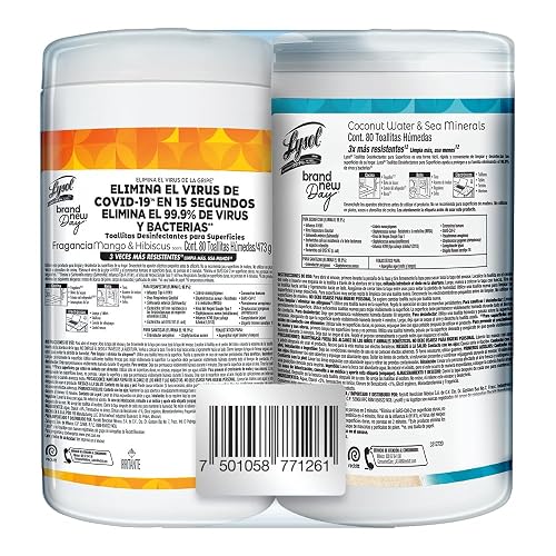Lysol Toallitas Desinfectantes Multi Aroma (Coco & Mango), 2 Paquetes 80pz c/u