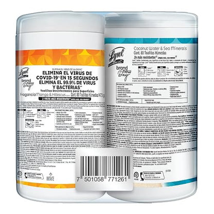 Lysol Toallitas Desinfectantes Multi Aroma (Coco & Mango), 2 Paquetes 80pz c/u