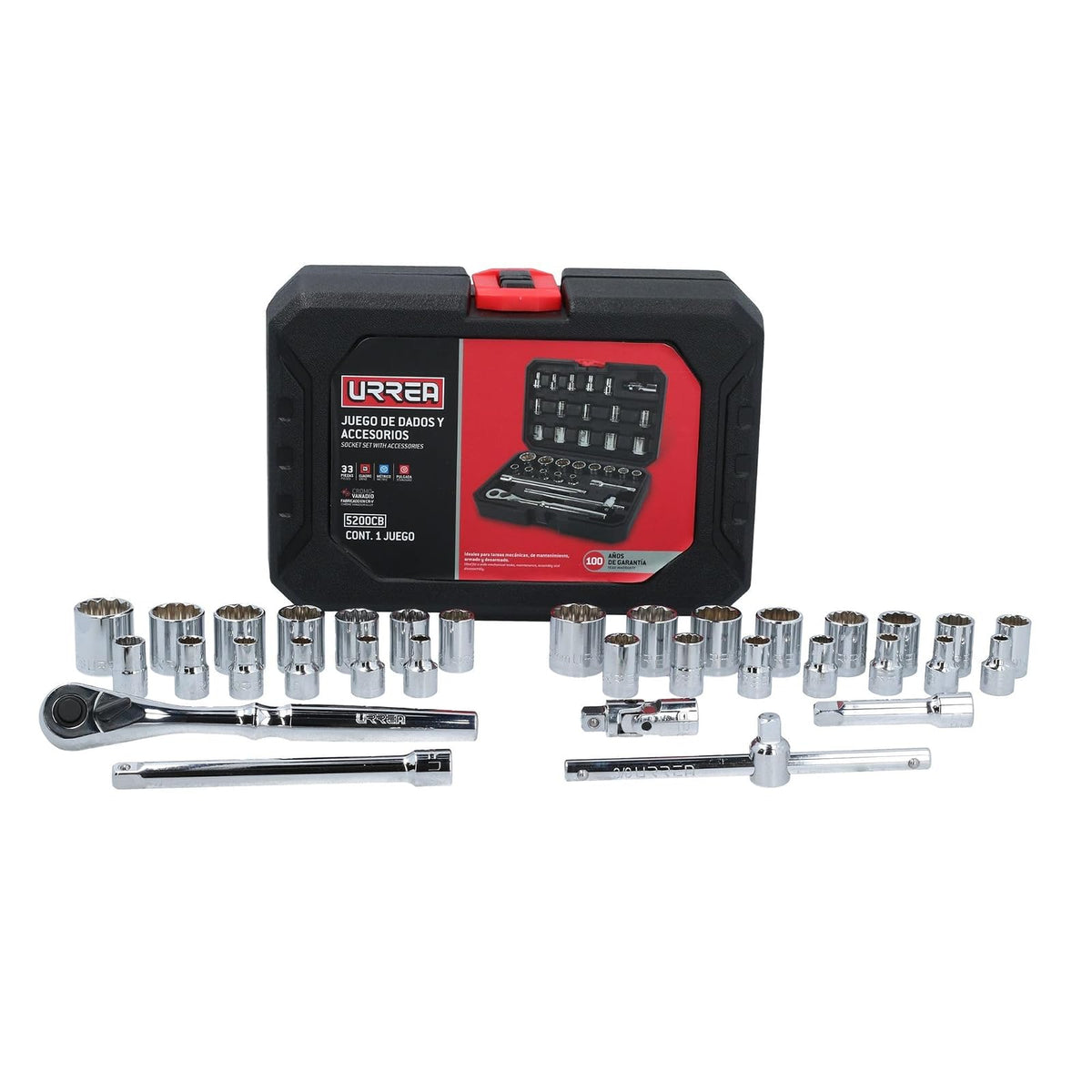 Urrea Herramientas 5200CB Urrea Juego de dados y accesorios 3/8" de 33 piezas en estuche plástico, color, pack of/paquete de 33