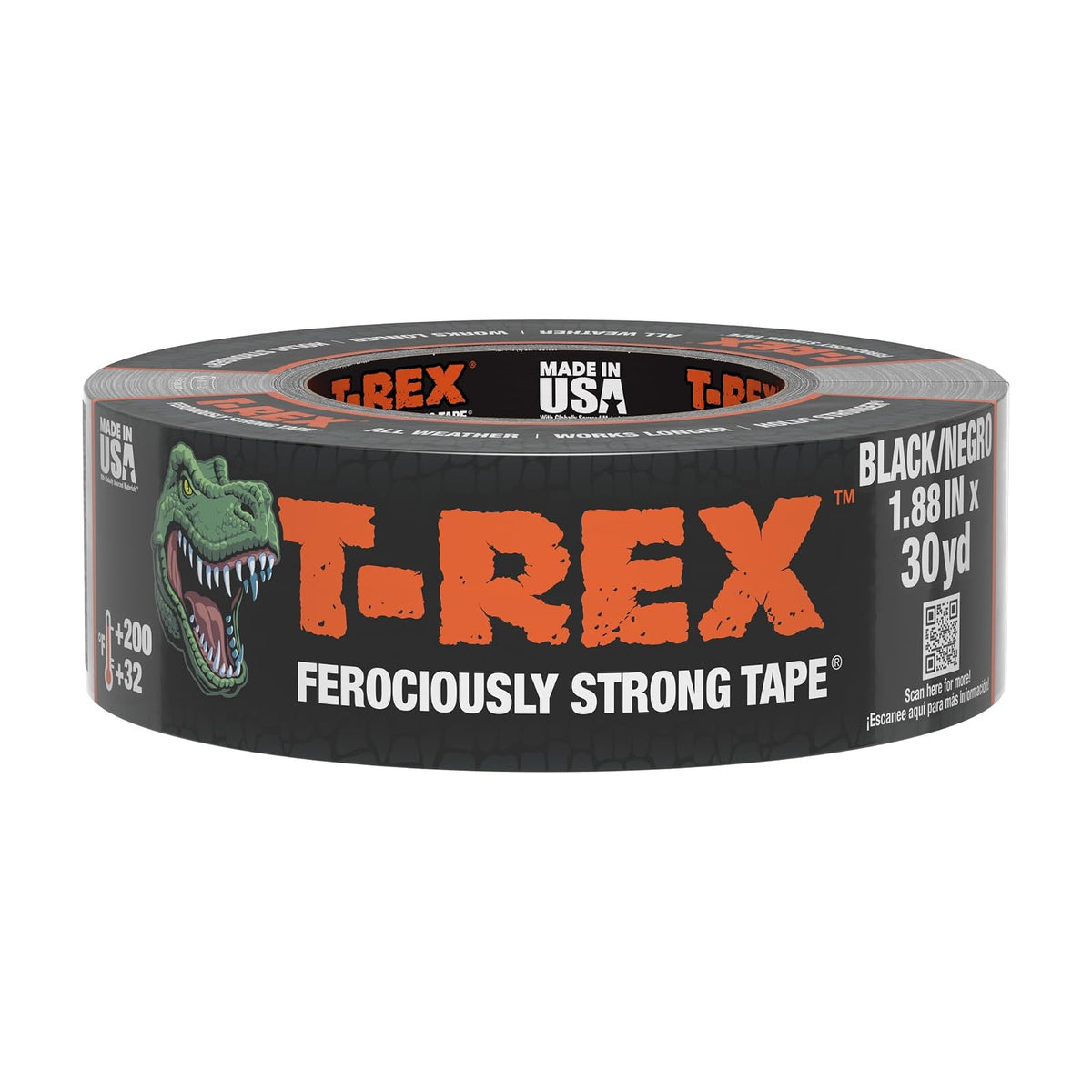 T-Rex Cinta adhesiva resistente con respaldo resistente a los rayos UV e impermeable para reparaciones ferozmente fuertes, 1.9 pulgadas x 30 yardas, color negro, 1 rollo