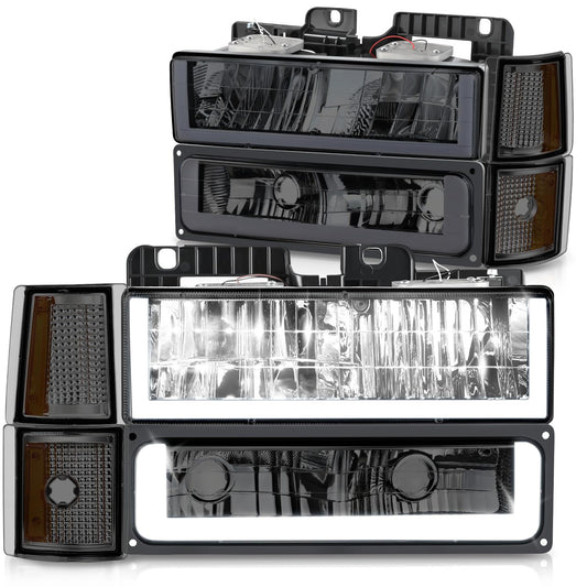 DNA Motoring HL-LB3-8P-C10-3G-SM-AM Juego de Faros LED DRL Estilo U + Señal para Chevy/GMC C/K 1500/2500 1992-1999, Ahumado/Ámbar