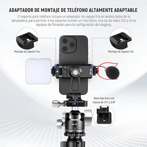 NEEWER Adaptador Trípode Metálico Movil con Base Liberación Rápida Arca, Zapata Fría, Giro 360° Inclinación 180°, Soporte Teléfono Compatible con iPhone 17 Pro MAX 16 15 Samsung Galaxy S25 Ultra S24