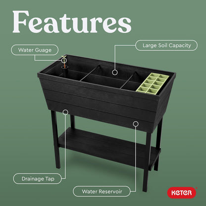 Keter Urban Bloomer - Maceta de jardín elevada de 12.7 galones y Maceta de jardín con medidor de riego automático y tapón de Drenaje, Gris Oscuro