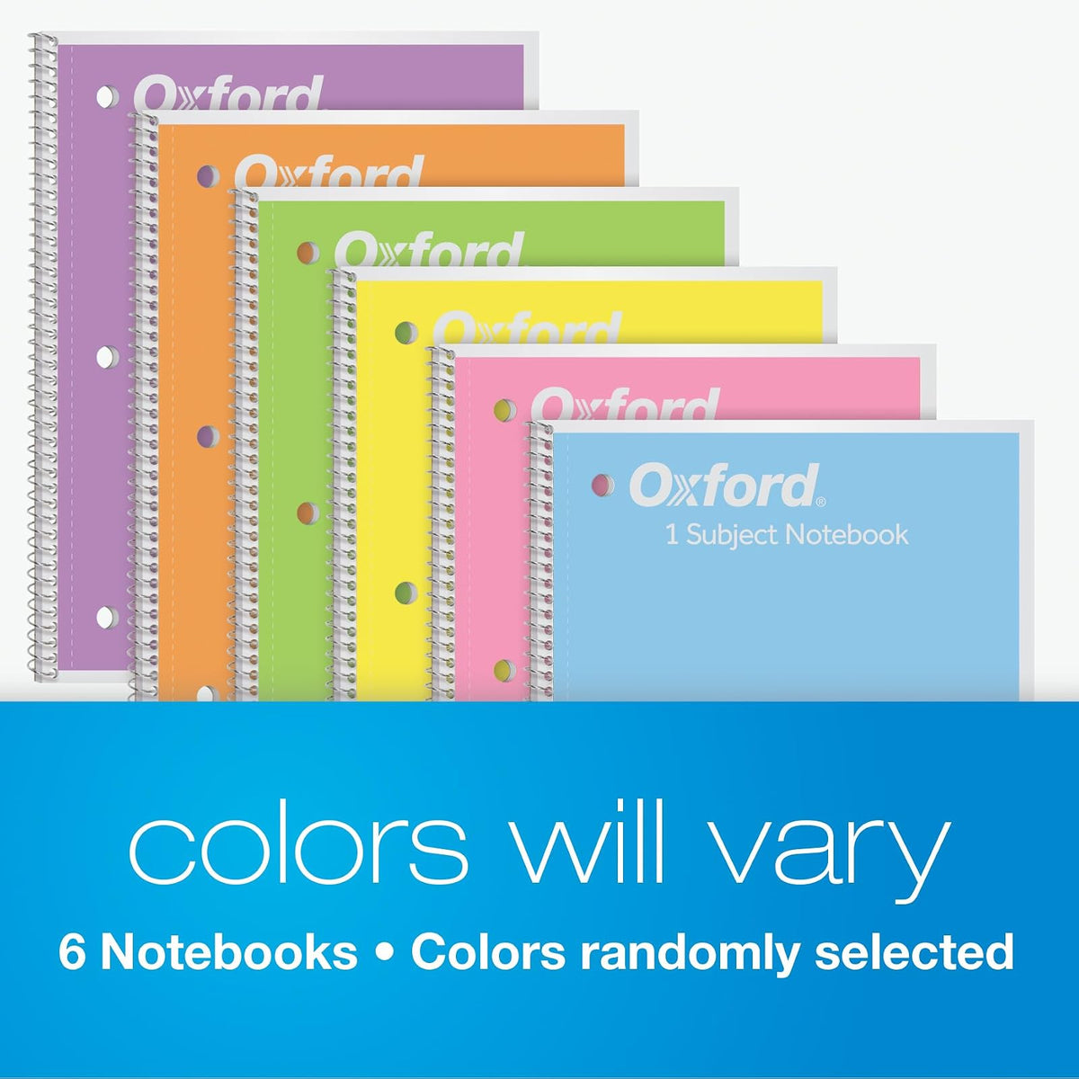 Oxford - Cuadernos en espiral, paquete de 6, 1 tema, cuadernos de rayas anchas para la escuela, 8 x 10.5 pulgadas, 70 hojas, colores pastel surtidos, suministros para el regreso a la escuela (63757)