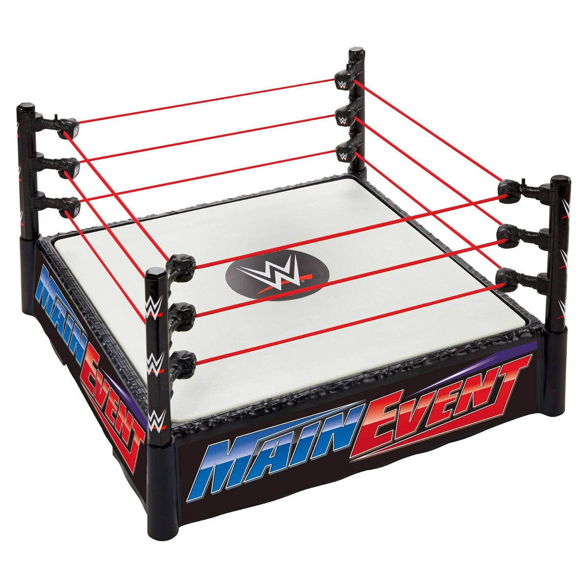 Mattel WWE - Anillo de Superestrella con Etiquetas, Evento Principal y Crudo, Alfombrilla de Anillo con Resorte y Cuerda elástica de tensión Profesional