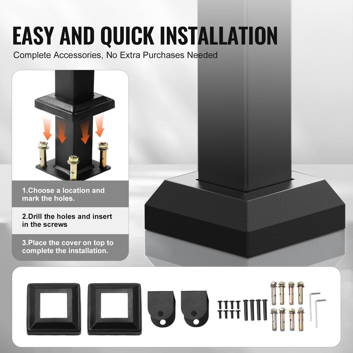 VEVOR Pasamanos de Exterior para Escalera Kit de para 4 a 5 Escalones Tubo Cuadrado con Barra Horizontal Rieles de Soporte de Acero al Carbono para Escaleras de Hormigón, Terraza, Negro